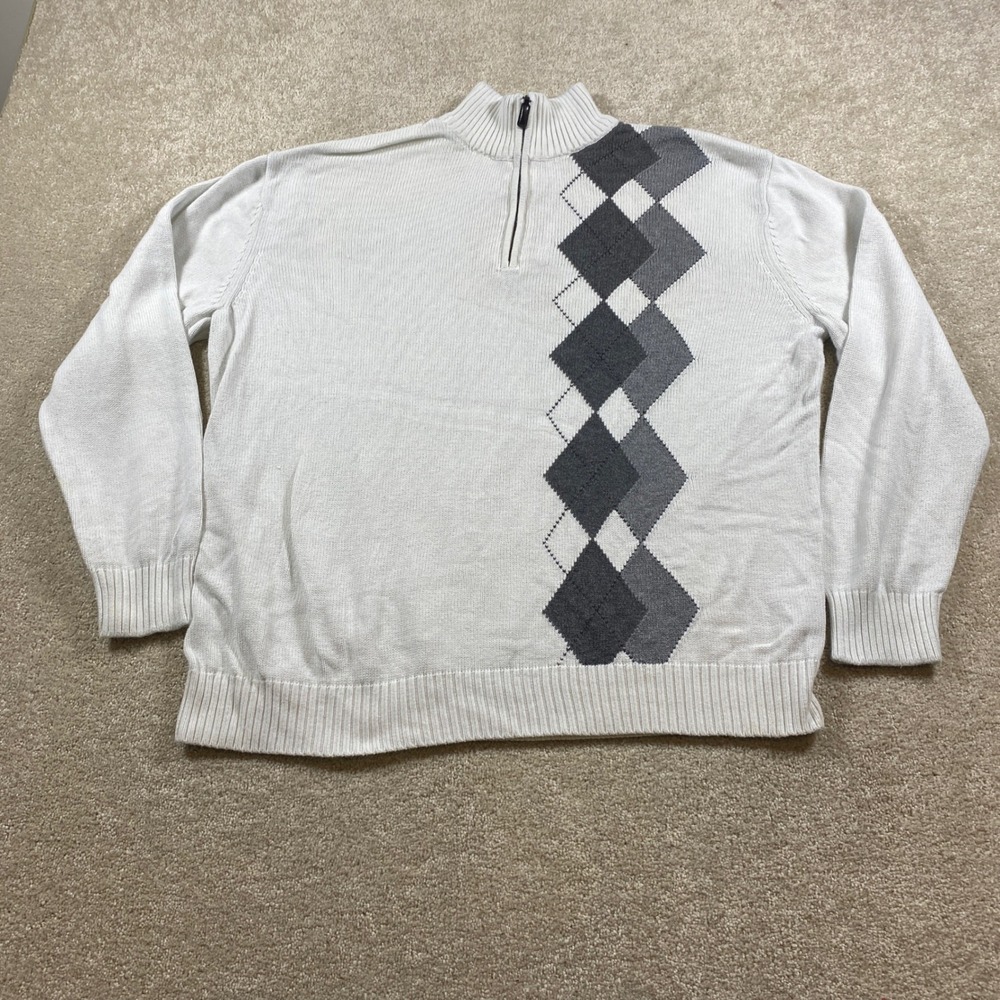 Tricots St Raphael Quarter Zip Sweater Mens XL White Grey Argyle Knit Mock Neck